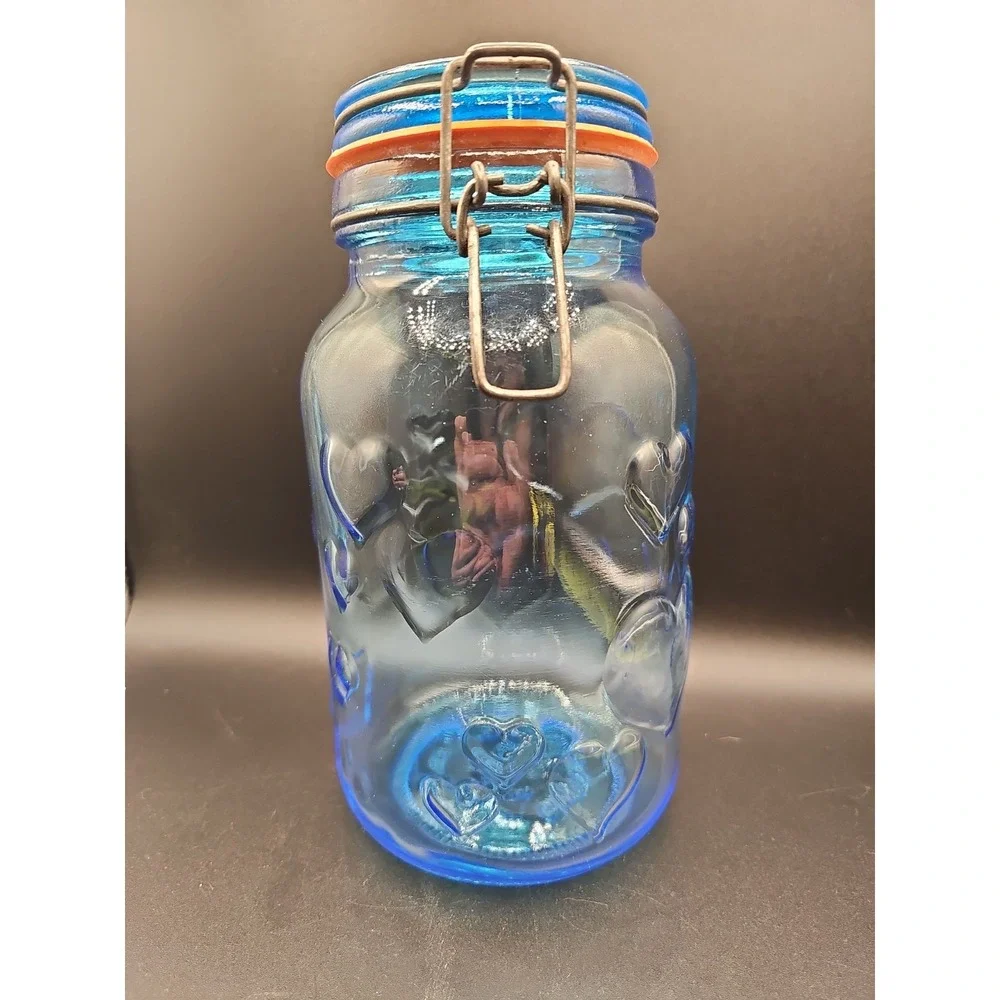 Vintage Blue Glass Storage Jar Hearts Crownford Giftware Corp  9in Tall  002